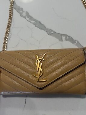 Authentic Saint Laurent YSL WOC wallet on chain Bag Cream and Gold